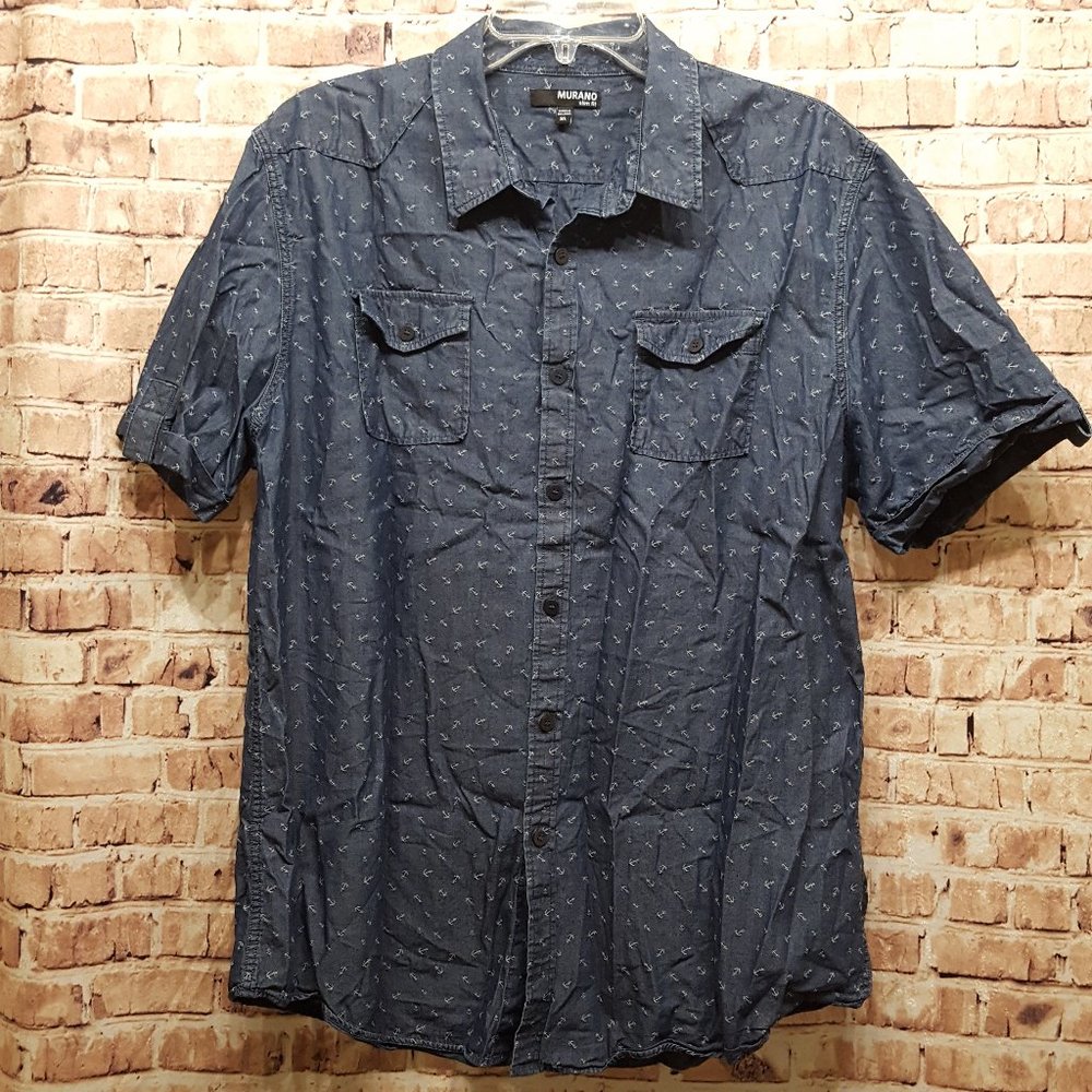 Murano Short Sleeve Slim Fit Nautical Button Down Blue w White Anchors XL